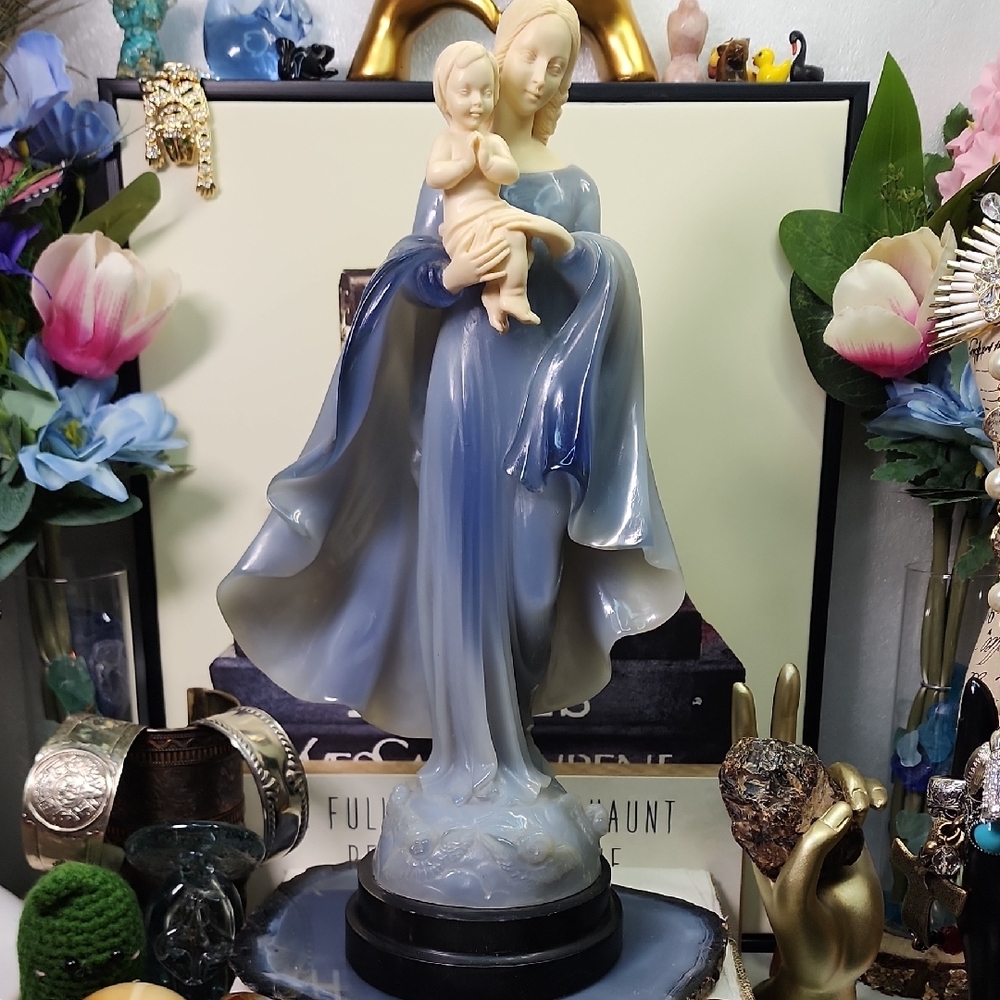 Vintage Gino Ruggeri Italy Blue Alabaster Madonna with Baby Sculpture
